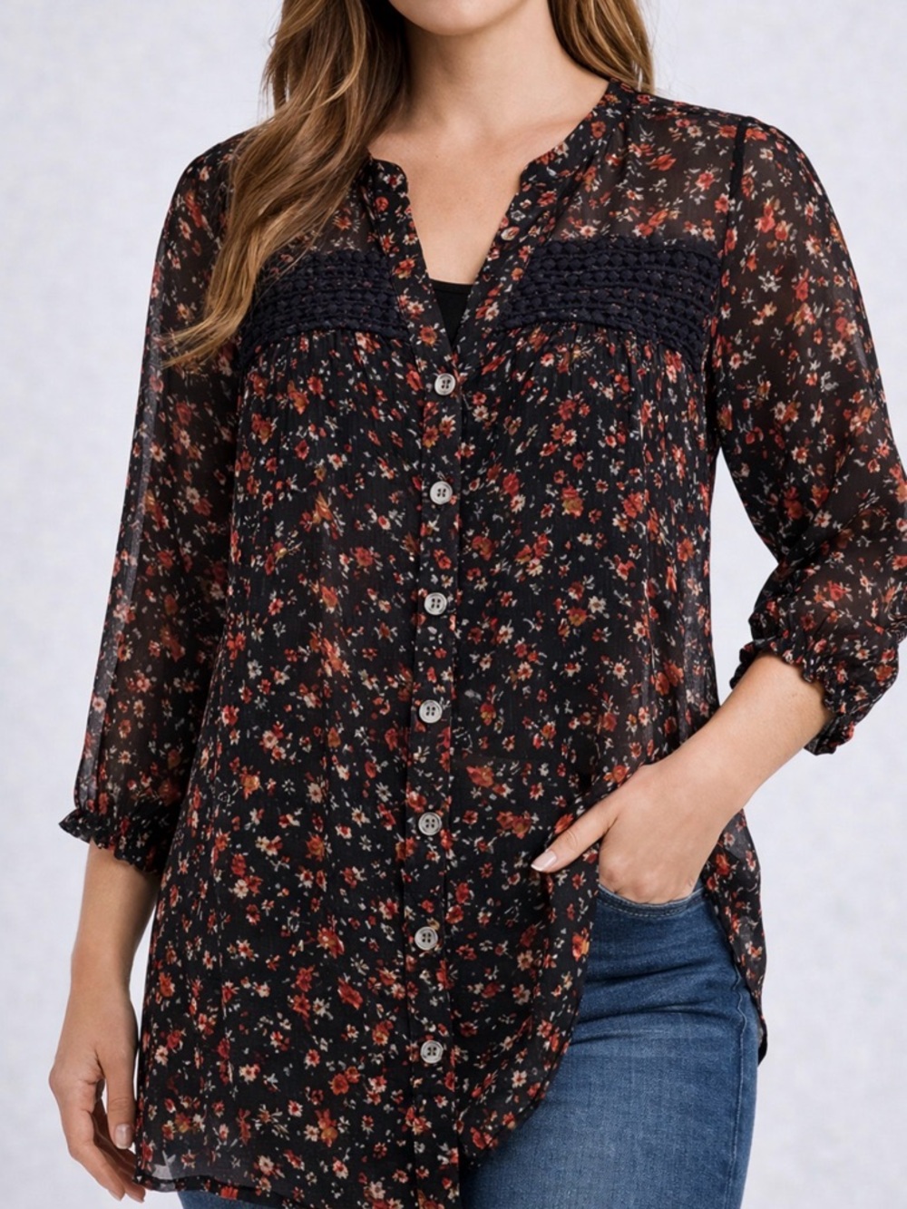 Black Poppy women’s size S Sheer Floral Tunic Blouse Button Front Boho Top(A557)